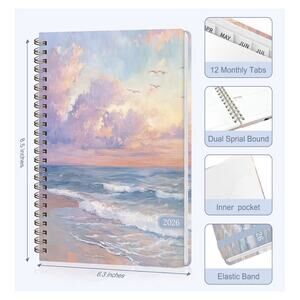 2026 Planner Weekly & Monthly Calendar Seaview Sea Ocean Beach Stickers Pockets